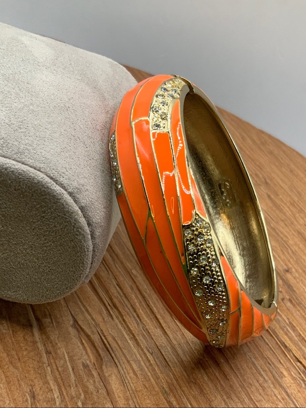 Sequin Orange Enamel Gold-Tone Crystal Accent Bangle Bracelet